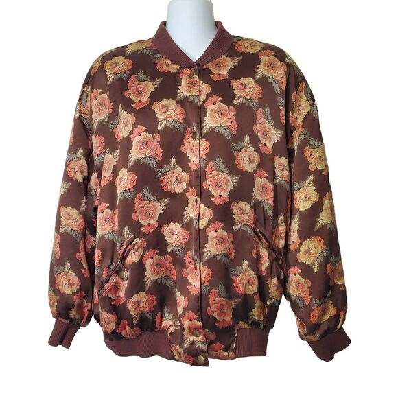 Saks Fifth Avenue Real Clothes Bomber Jacket Womens Large 100% Silk Brown Floral - Picture 1 of 11